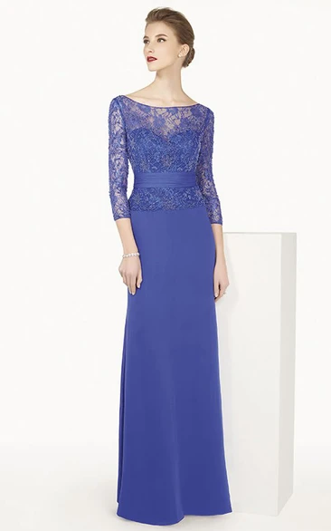 Bateau 3-4 Sleeve Long Prom Dress With Lace Top And Back Keyhole