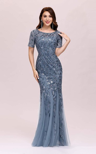 Tulle Sequins Floor-length Mermaid Short Sleeve Vintage Modest Dress with Pleats