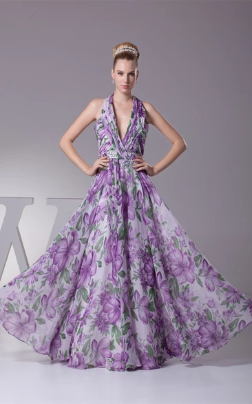 Plunged Floor-Length Pleated Sleeveless Jeweled Waist and Dress With Halter