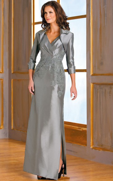 Sleeveless V-Neck Satin Mother Of The Bride Dress With Appliques And Jacket Style