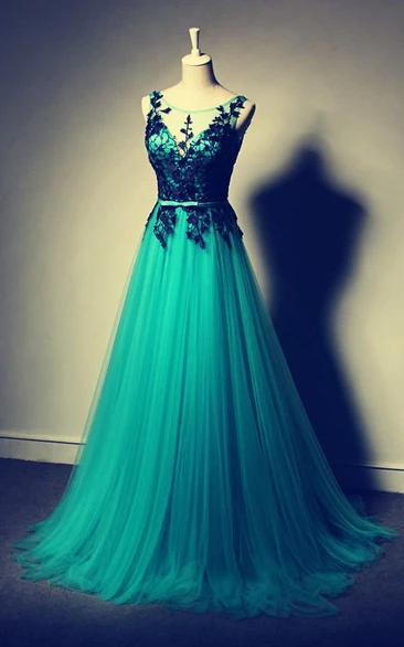 Elegant Illusion Tulle A-line Evening Dress With Appliques