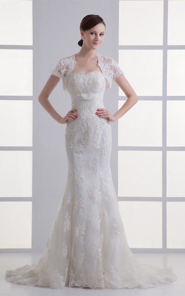 Alluring Satin Appliqued Sweetheart Trumpet Mini Sleeve Wedding Dresses With Jackets