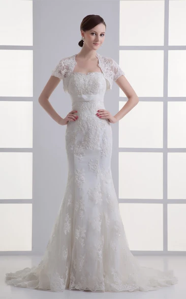Alluring Satin Appliqued Sweetheart Trumpet Mini Sleeve Wedding Dresses With Jackets