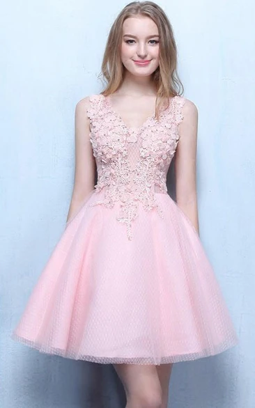 V-Neck Appliques Beading Short Prom Dress