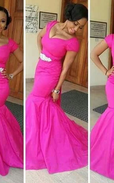 Glamorous Fuchsia Cap Sleeve Mermaid Evening Dress