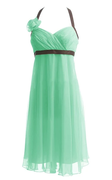 Halter Ruched Empire Gown With Flower and Bow