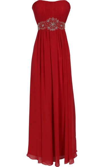 Strapless Pleated Long Dress With Ruching and Crystal