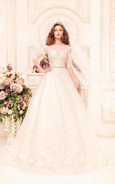 Ball Gown Long Bateau Half-Sleeve Deep-V-Back Lace Dress With Appliques And Waist Jewellery