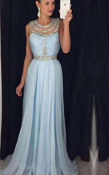 Modern Beadings Jewel A-line Prom Dress Sweep Train
