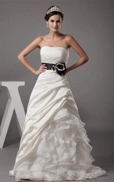 Sleeveless A-Line Ruched Cascading Ruffles and Dress With Bow