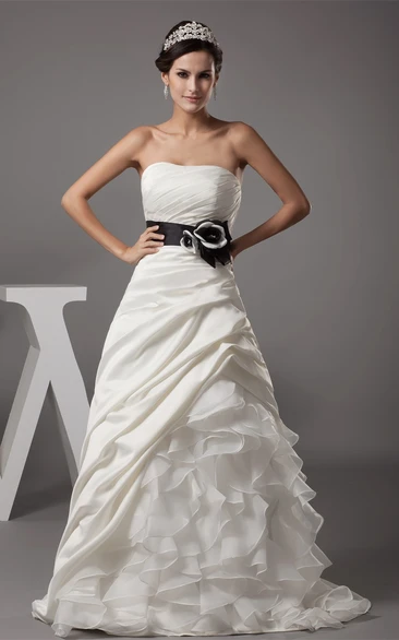 Sleeveless A-Line Ruched Cascading Ruffles and Dress With Bow