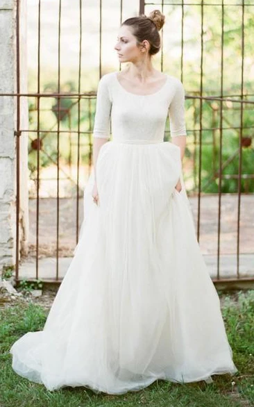 Modest A Line Scoop Neck Half Sleeved Full Back Tulle Skirt Wedding Dress with Sleeves