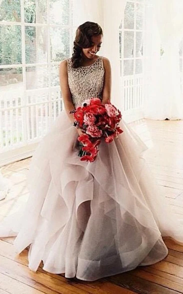 Gorgeous Beadings Sleeveless Wedding Dress Tulle Ruffle