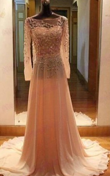 Gorgeous Long Sleeves Beadings Prom Dress Chiffon Long Party Gown