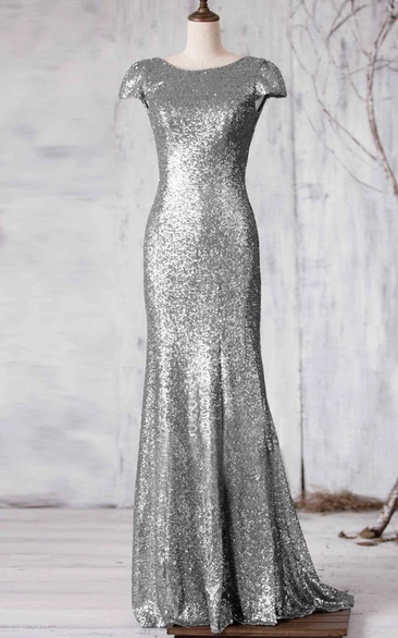 Bateau Cap Sleeve Allover Sequined Mermaid Long Dress Brush Train