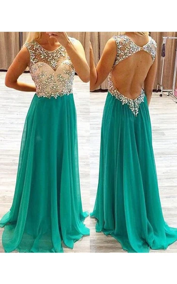 Newest Illusion Crystals Chiffon Evening Dress Zipper Sweep Train