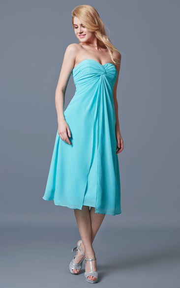 A-line Sweetheart Tea Length Chiffon Dress With Ruching