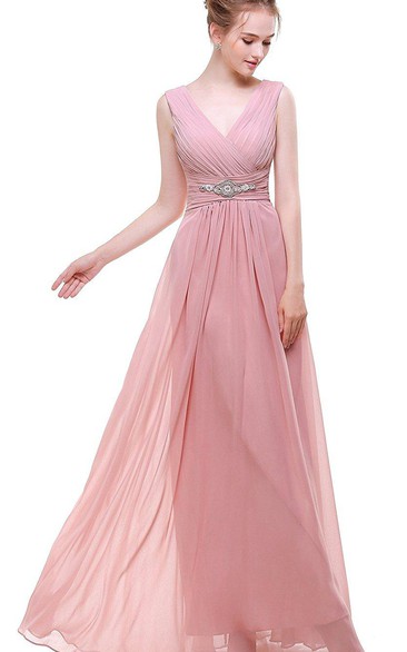 Empire V Neck V Back Beaded A-line Chiffon Dress Pink