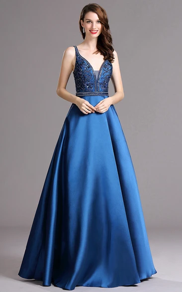 Ball Gown V-Neck Sleeveless Empire Satin Sequins Backless Dress