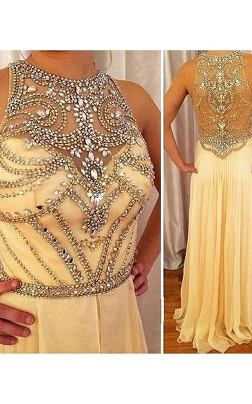 A-line Scoop Chiffon Sleeveless Crystal Sweep Train Dresses