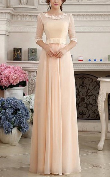 Pretty Lace Appliques Half Sleeves Zipper-up Floor-Length Prom Dress