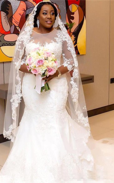 Sheer 3-4 Long Sleeves Plus Size Mermaid Wedding Dress