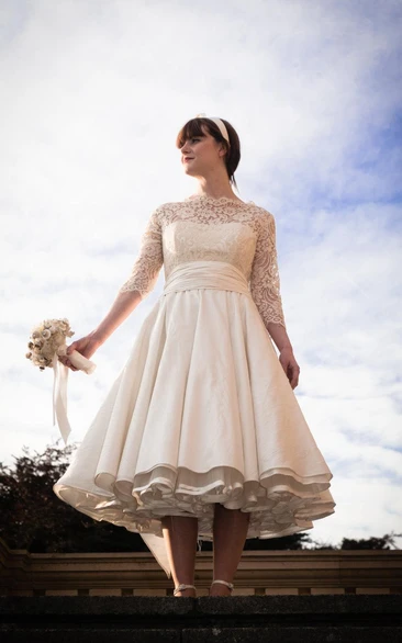 Illusion Half Sleeve High Neck A-Line Taffeta Tea Length Dress