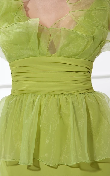 V-Neck Short Ruched Peplum and Dress With Ruffles