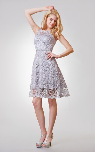 Sleeveless Short A-line Lace Dress With Keyhole