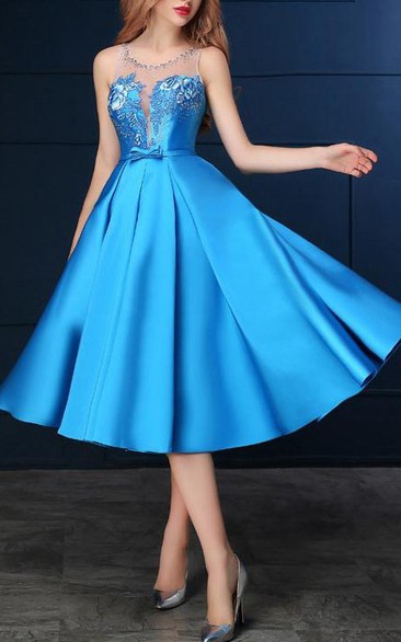 Sheer Neck Beading Sashes Tea-Length Prom Dress