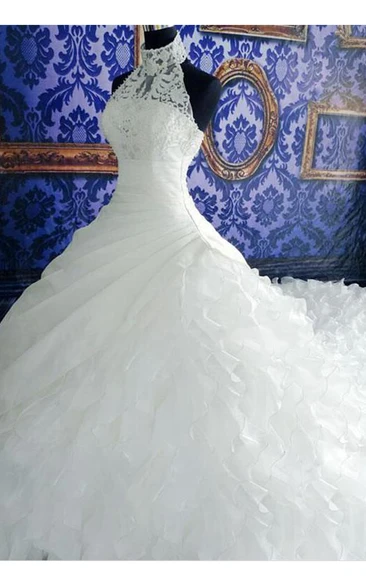 Gorgeous Ruffles Lace High Neck Wedding Dress Court Train Zipper