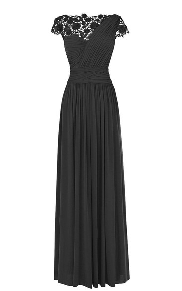 Short-sleeved Long Chiffon Dress With Lace Neckline