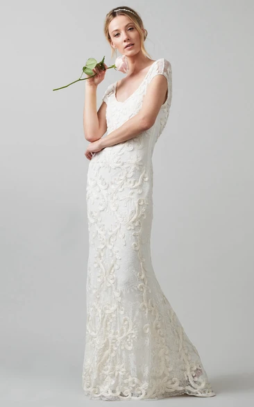 Sheath V-Neck Cap-Sleeve Lace Wedding Dress With Embroidery