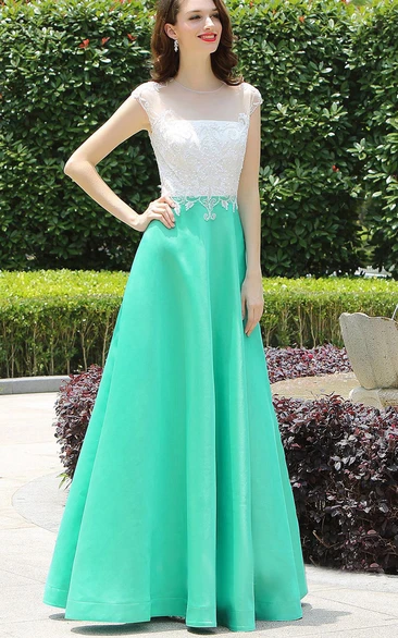 Empire Floor-Length Bateau Short Sleeve Empire Taffeta Lace Lace Illusion Dress