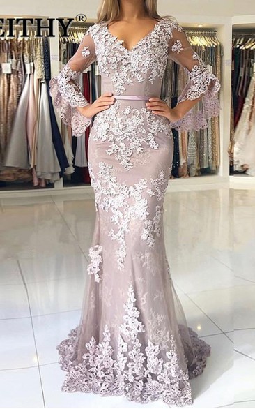 Lace Floor-length Sweep Train Trumpet 3/4 Length Sleeve Elegant Evening Dress