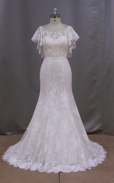 Bateau Neck Mermaid Lace Dress With Lace-Up Back and Cape