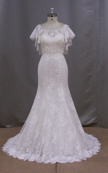 Bateau Neck Mermaid Lace Dress With Lace-Up Back and Cape