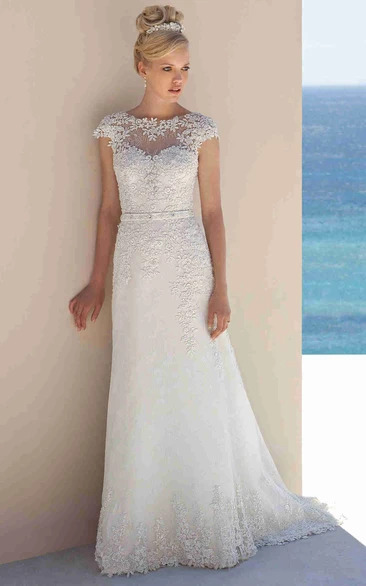 Sheath Jewel-Neck Sleeveless Long Lace Wedding Dress With Appliques