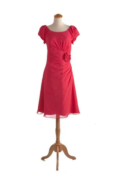 Puff Sleeve Knee-length Dress With 3D Flower at Waist