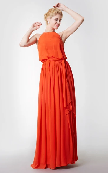 Sleeveless Pleated High Neck Chiffon Dress With Sash