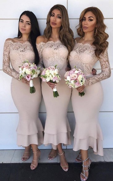 Satin Lace Ankle-length Mermaid Long Sleeve Romantic Bridesmaid Dress with Tiers