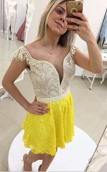 Sexy Cap Sleeve Short Cocktail Dress Open Back Pearls Bowknot