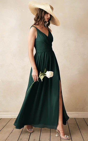 Elegant V-neck A Line Sleeveless Ankle-length Chiffon Bridesmaid Dress With Ruching