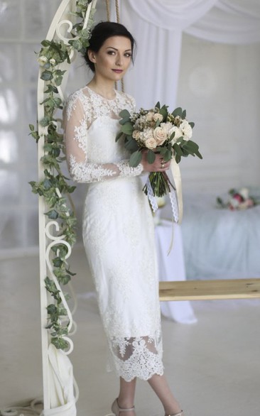 Split Back Sheath Ankle-length Wedding Dress With Illusion Lace Appliques