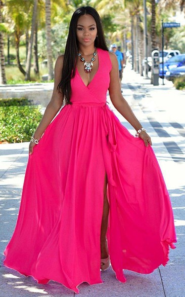 V-neck A-line Long Chiffon Dress with Pleats and Splits