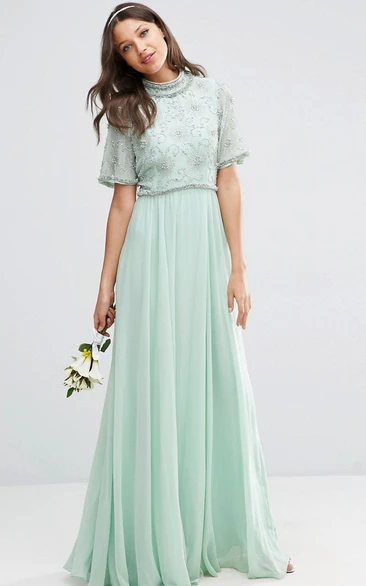 Floor-Length Bell Sleeve High Neck Beaded Chiffon Bridesmaid Dress With Pleats