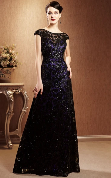 Cap-Sleeved Long Gown With Allover Sequins And V-Back