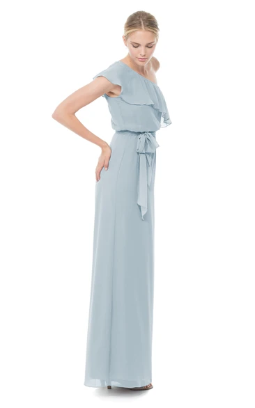 Long-Chiffon One-Shoulder Dress With Bow Sash And Ruffles