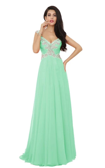 V-neck High-slit A-line Gown With Beaded Appliques