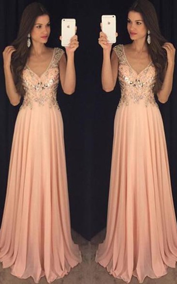 Newest Chiffon A-line V-neck Prom Dress Crystals Cap Sleeve